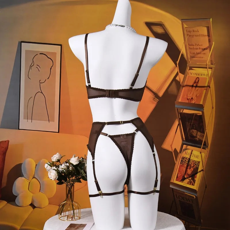 Elegant Lingeries Sexy Hot Exclusive Coffee Bra Belt Thong 3PC with Leg Circles Cute Intimate Lace Tempted Tipsy Set