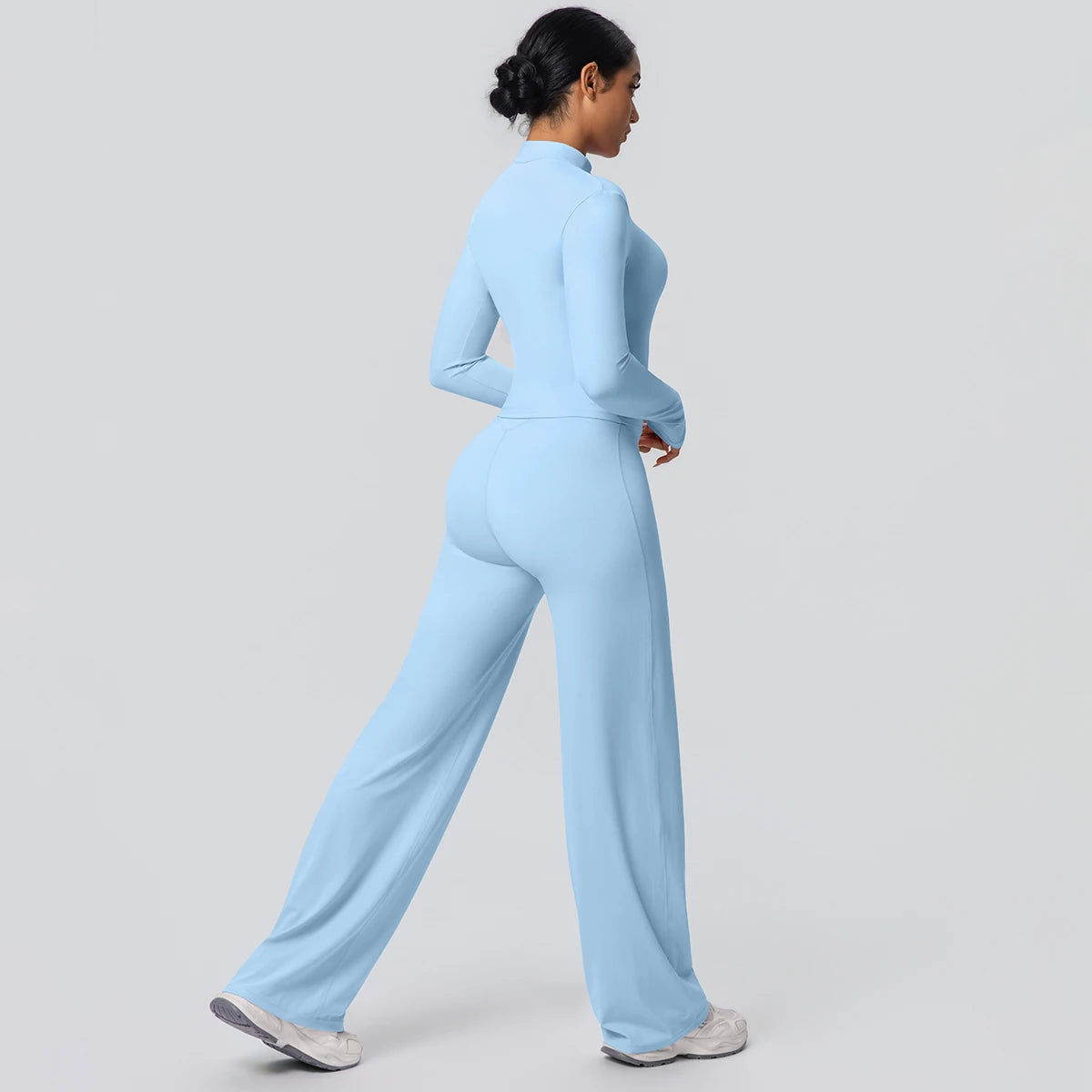 2-teiliges schnelltrocknendes Sport-Fitness-Bekleidung Yoga-Set Damen Yoga Reißverschluss Langarm High Waisted atmungsaktive weite Hose Set