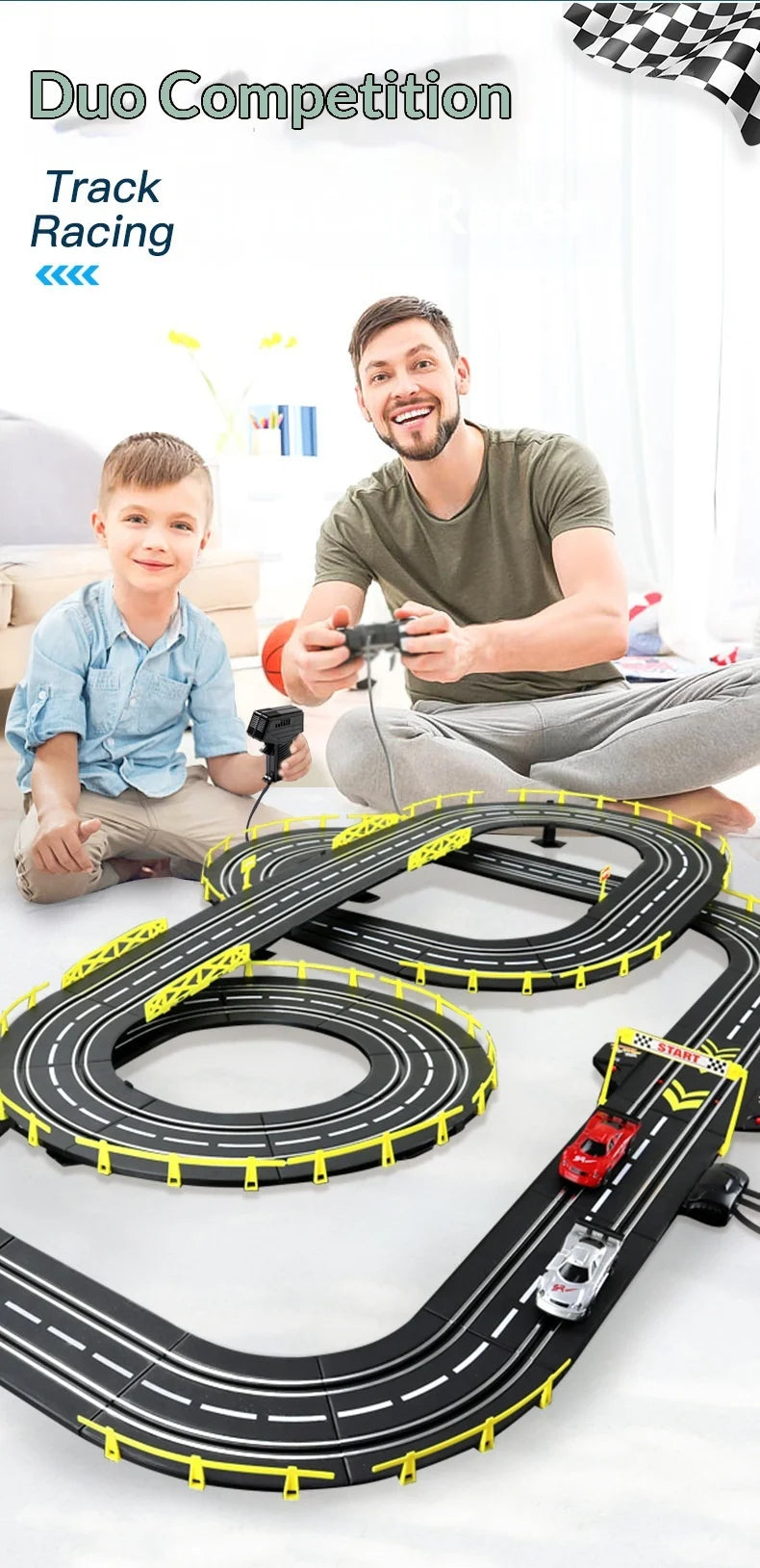 Elektrische ferngesteuerte Slot-Car-Rennbahn, groß, 2 Spieler, wettbewerbsfähig, Dual-Modus, ferngesteuert, einstellbar, Spleißen, Kinder-Erwachsenen-Geschenkset