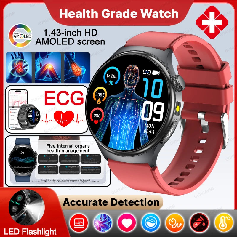 Neue genaue EKG-Smartwatch, Blutfettwerte, Fünf-Organe-Gesundheitscheck, Körpertemperatur, BT-Anruf, Sport-Smartwatches für Herren 2026