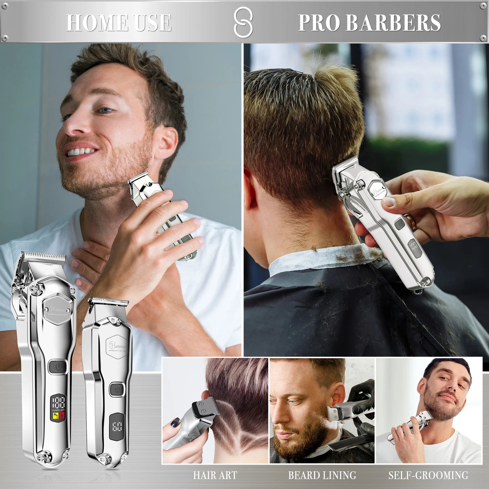 HATTEKER Professioneller Haarschneider für Herren, kabelloser Metall-Haarschneider und Trimmer-Set für den Haarschnitt