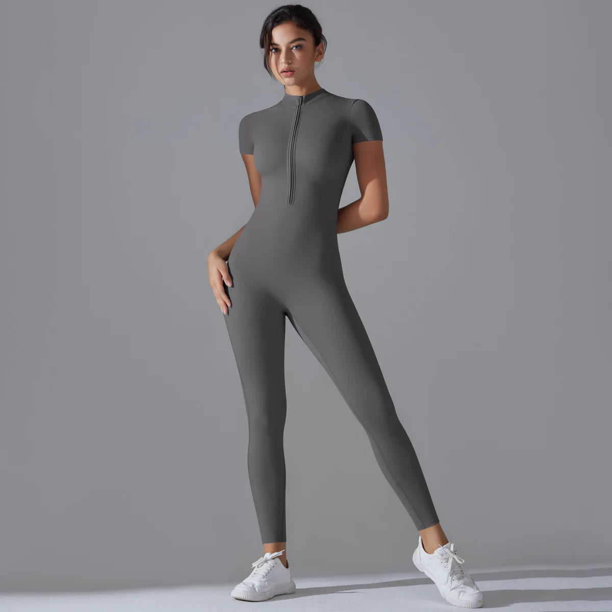 Ärmelloser Yoga-Jumpsuit mit Reißverschluss, schnelltrocknender, atmungsaktiver, figurbetonter Outdoor-Sport-Jumpsuit, Fitnessanzug