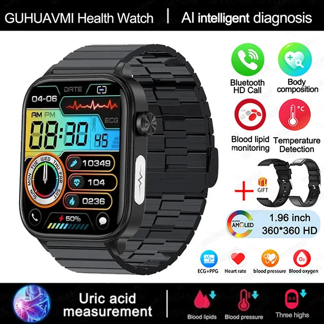 2025 Neue KI-Diagnose Blutfette Harnsäure Körperzusammensetzung Test Smartwatch für Herren EKG+PPG Bluetooth Anruf Gesundheits-Smartwatch