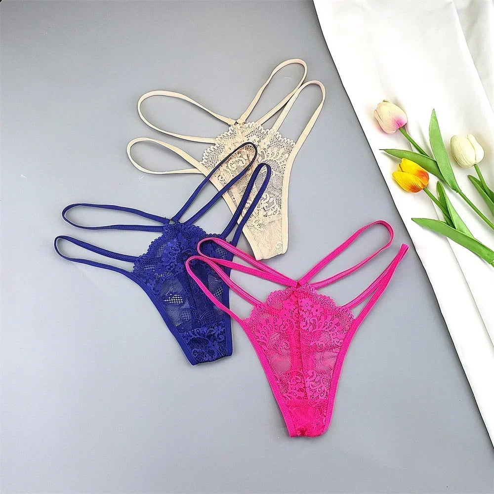 3 Stück Spitze Dünne Träger Tanga Frauen Tiefe Taille Sexy Perspektive Unterwäsche Damen Transparenter G-String Slip Plus Size T-Rücken