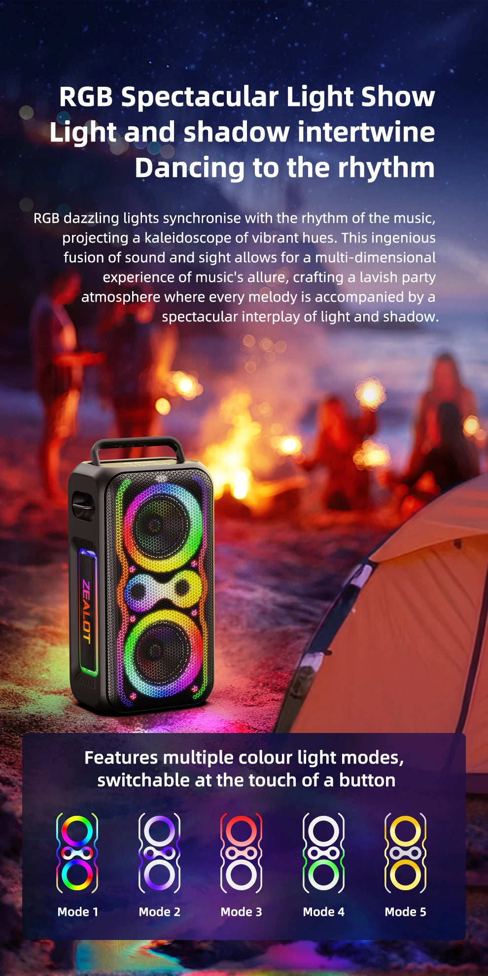 ZEALOT-PT21 200W Kabelloser Bluetooth-Lautsprecher, tragbarer Outdoor-Lautsprecher mit sattem Bass, Stereokopplung, Reverse Charging,