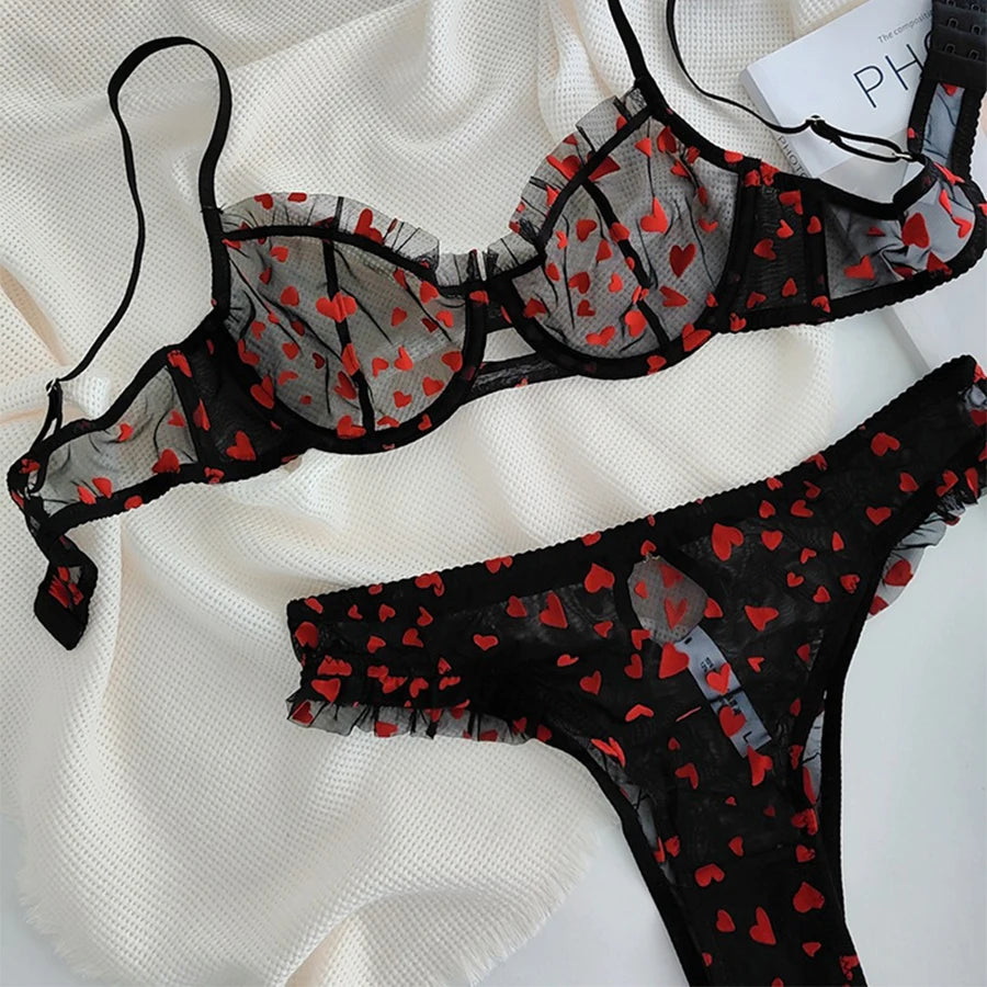 Neues Dessous-Tangas-Set, sexy, ultradünner transparenter BH, Damen-Bügel-Push-up-BH-Set, sommerliche, romantische Pfirsichherz-Unterwäsche