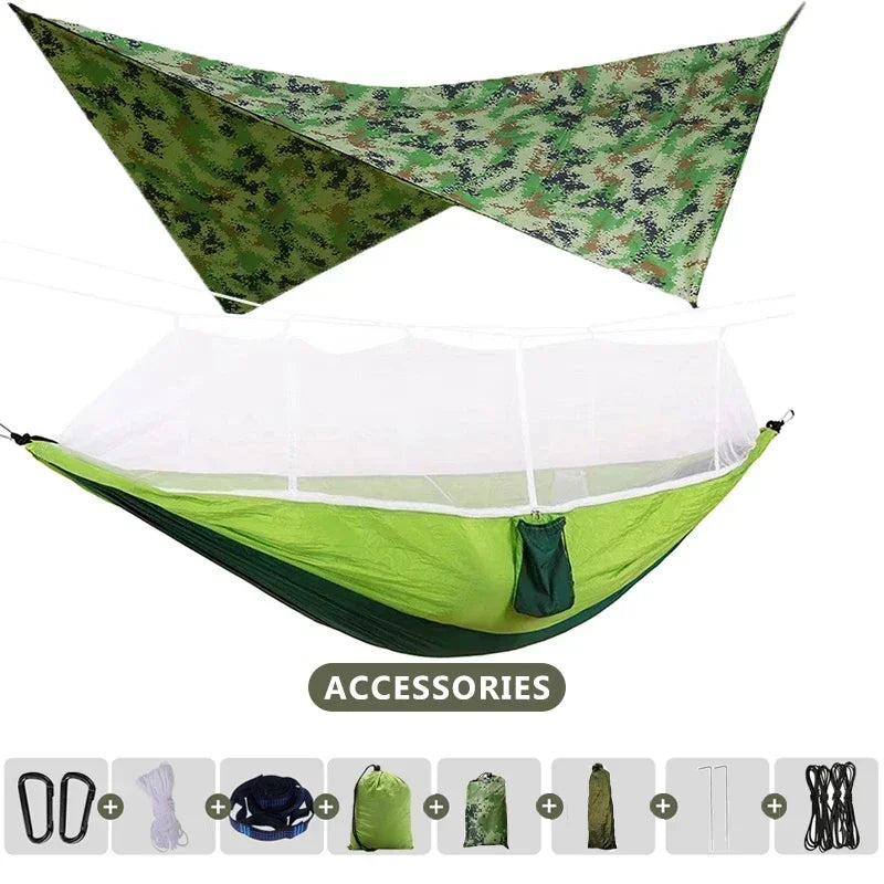 260x140cm Camping Hängematte Doppelgröße Fallschirm mit Moskitonetz Regenschutz Tarp Leicht für Wandern Reisen