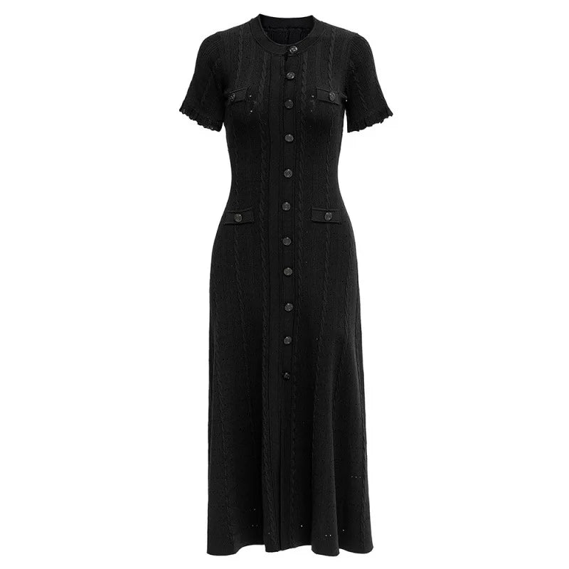 Sommer einfarbig Rundhals Kurzarm Business-Kleid Damen Koreanisch Einreiher Ausgeschnittenes langes Kleid Modetrend