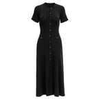 Sommer einfarbig Rundhals Kurzarm Business-Kleid Damen Koreanisch Einreiher Ausgeschnittenes langes Kleid Modetrend