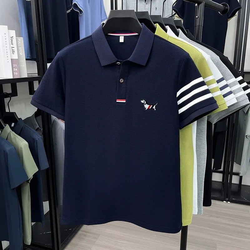 Luxusmarke Herren hochwertiges Kurzarm-Poloshirt Revers Stickerei Welpe Manschette Streifen T-Shirt Business Freizeit Herrenbekleidung
