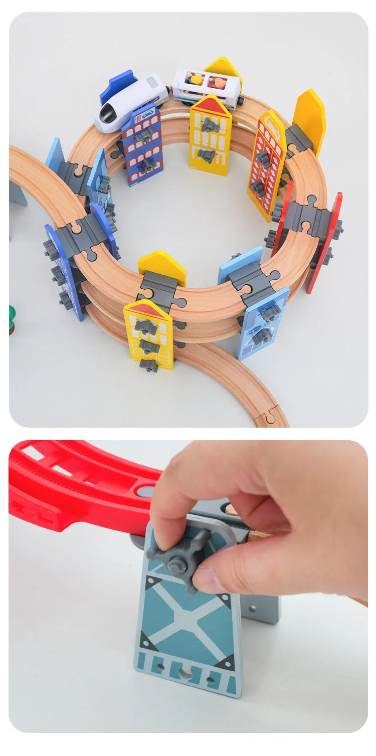 Neues Holzeisenbahn-Schienenset, elektrischer Zug, Magnetauto, Druckguss-Steckplatz, passend für alle Marken, Biro Holzschienen, Montagespielzeug, Jungen-Geschenk