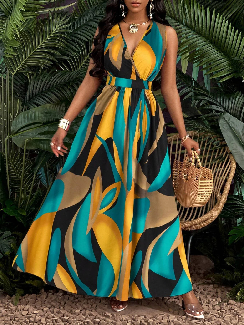 Ärmelloses, bodenlanges V-Ausschnitt-Kleid für Damen mit abstrakten Prints – modisch für Strand und legere Anlässe