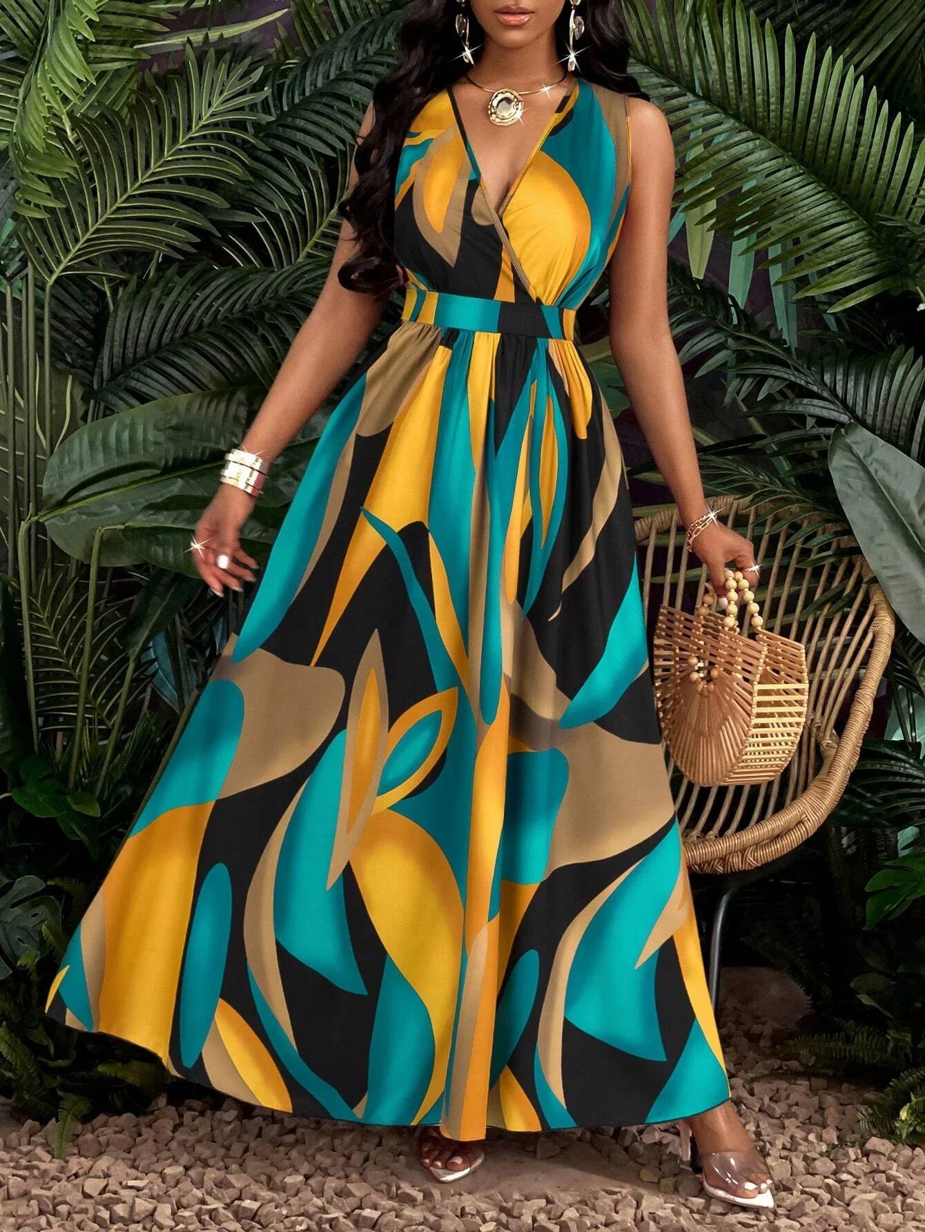 Ärmelloses, bodenlanges V-Ausschnitt-Kleid für Damen mit abstrakten Prints – modisch für Strand und legere Anlässe