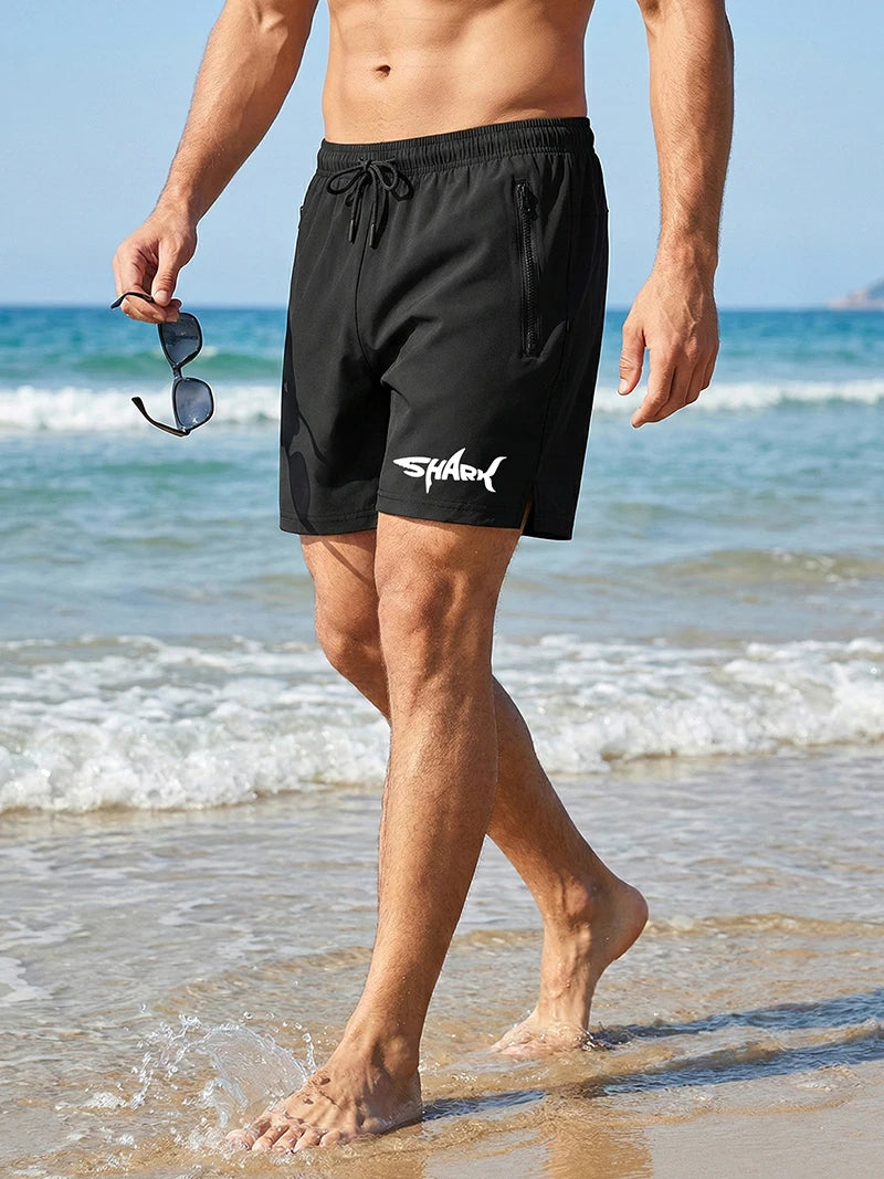 Hai-Grafik Herren Badeshorts Sommer Lässige Strandshorts mit Netzfutter Reißverschlusstaschen Schnell trocknende Badehose