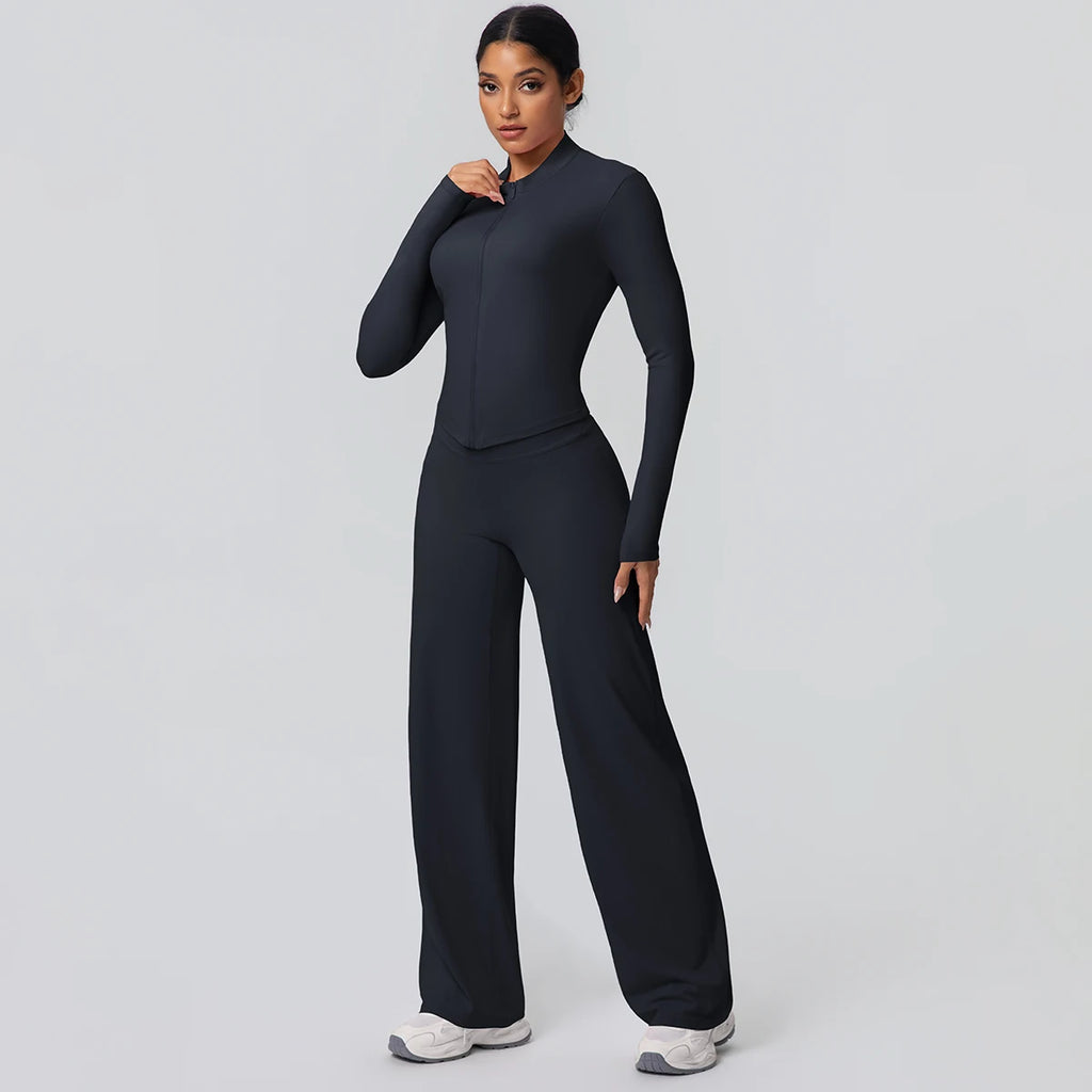 2-teiliges schnelltrocknendes Sport-Fitness-Bekleidung Yoga-Set Damen Yoga Reißverschluss Langarm High Waisted atmungsaktive weite Hose Set