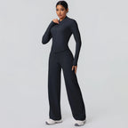 2-teiliges schnelltrocknendes Sport-Fitness-Bekleidung Yoga-Set Damen Yoga Reißverschluss Langarm High Waisted atmungsaktive weite Hose Set
