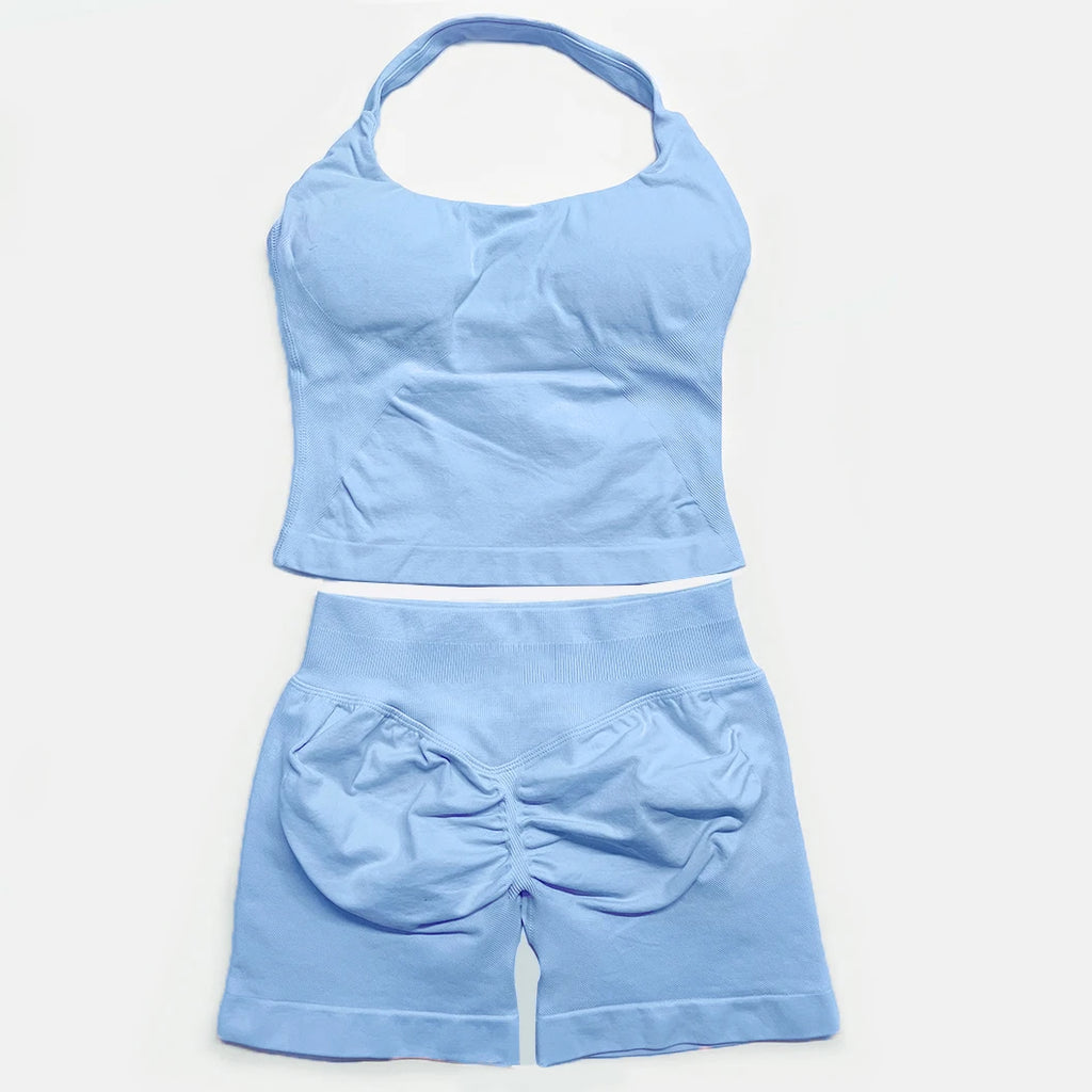Yoga Outfits Damen 2-teiliges Sport-Set DFNNYE Impact Halfter Neck Neckholder Rückenfrei Oberteil Nahtlose Scrunch Shorts Fitness-Workout-Sportanzug