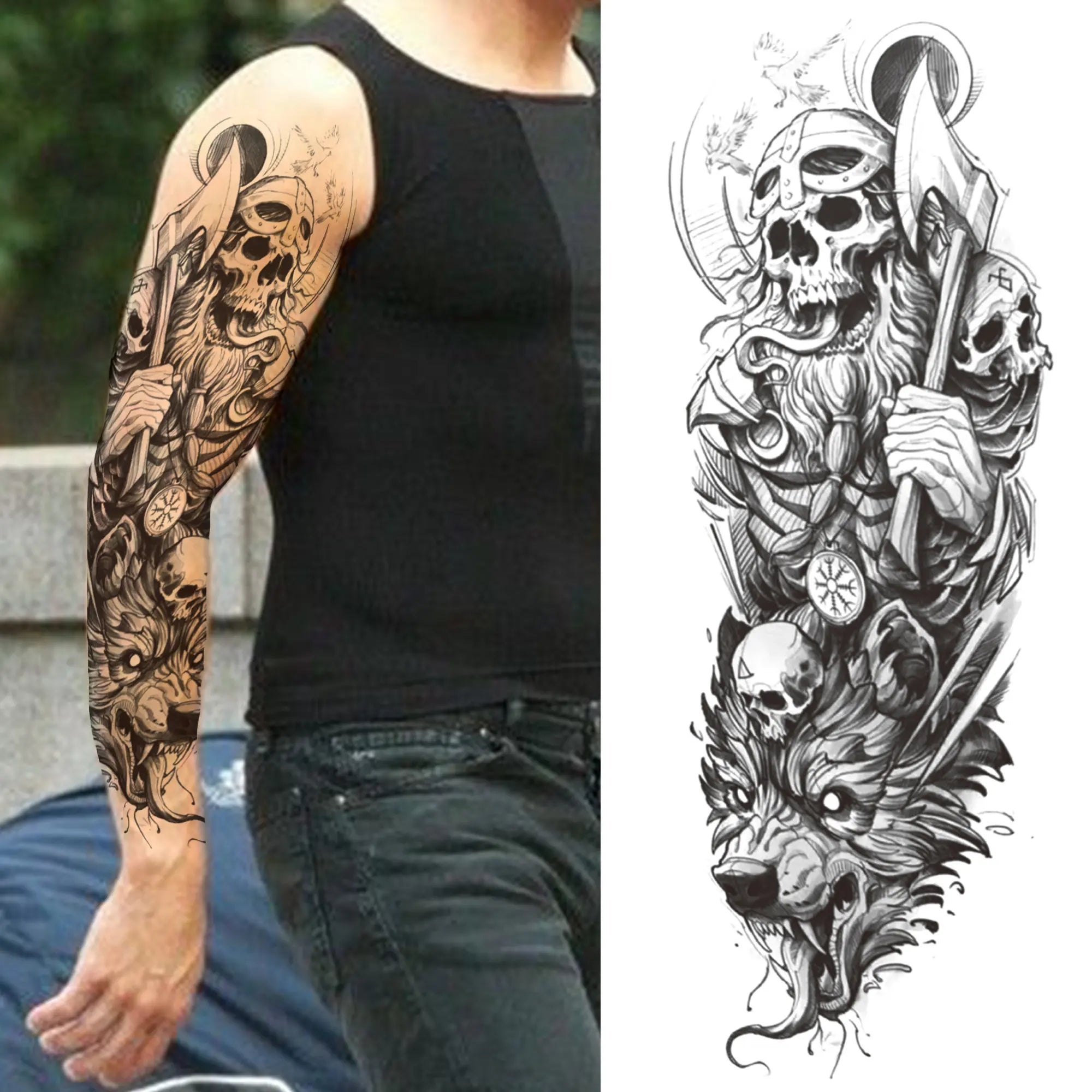 Kompass Roboterarm Temporäre Tattoos Ärmel für Männer Frauen Realistische Gefälschte Totenkopf Engel Ganzarm Tattoos Maori Totem Tattoo Aufkleber