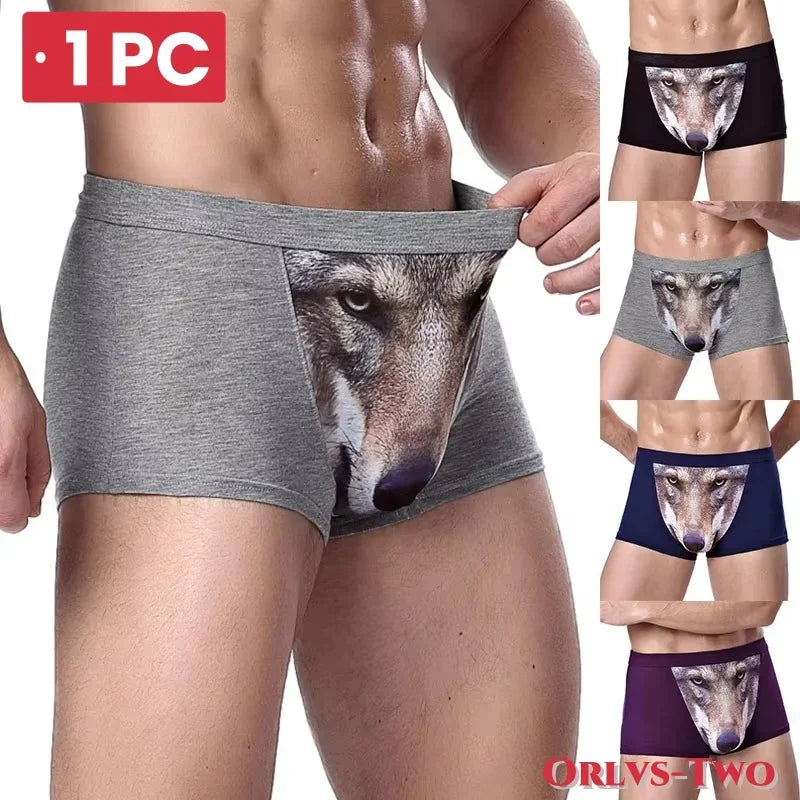 Herren Einzigartige 3D-gedruckte Wolfs-Adlerkopf-Flachwinkel-Hose mittelhohe Boxershorts Atmungsaktives gestricktes Modal-Gewebe