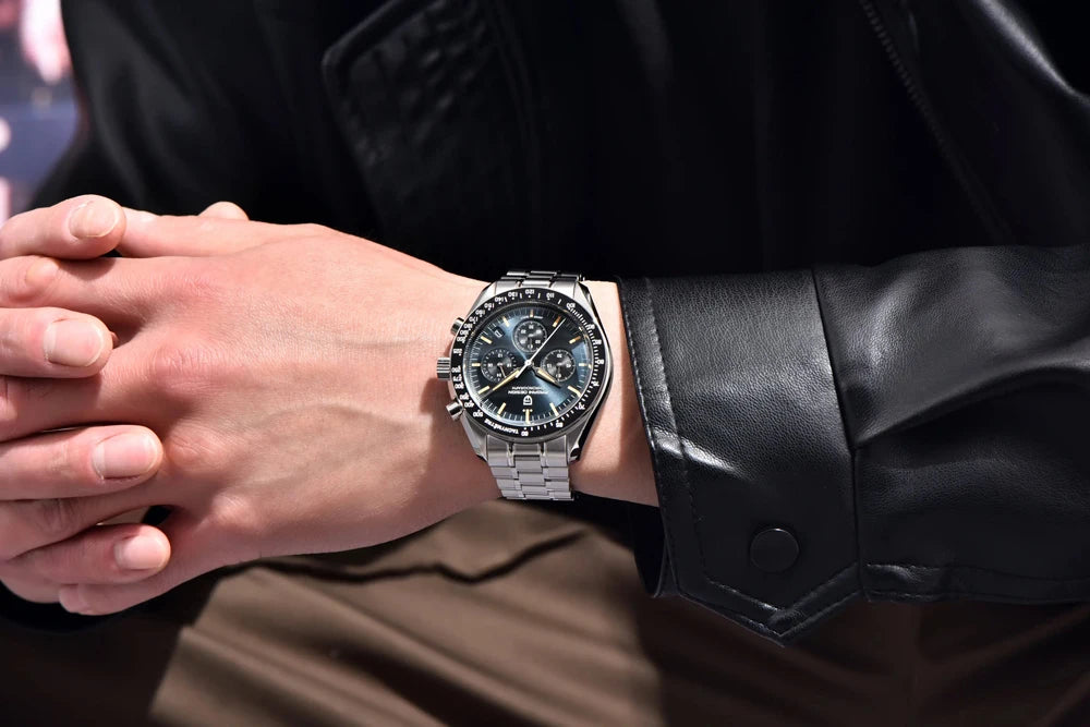 Neue PAGANI DESIGN Moon Men Uhr Retro-Luxus-Quarzuhren für Herren Edelstahl Sport wasserdicht Chronograph Herren+Mit BOX
