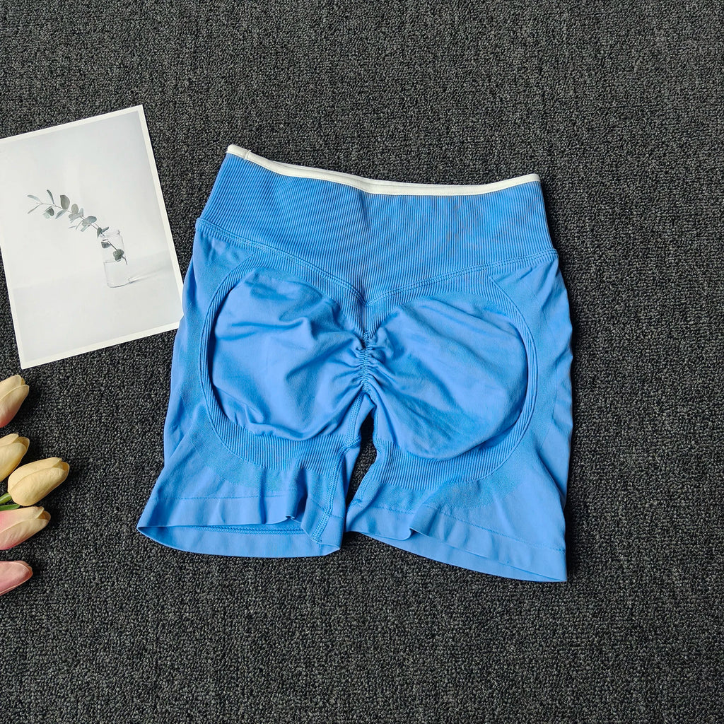 Pfirsich-Po-Yoga-Anzug Damen Gym Nahtloser Träger-BH mit Raffung Hoher Bund Po-Lifting Bauchstraffende Shorts Fitness-Set