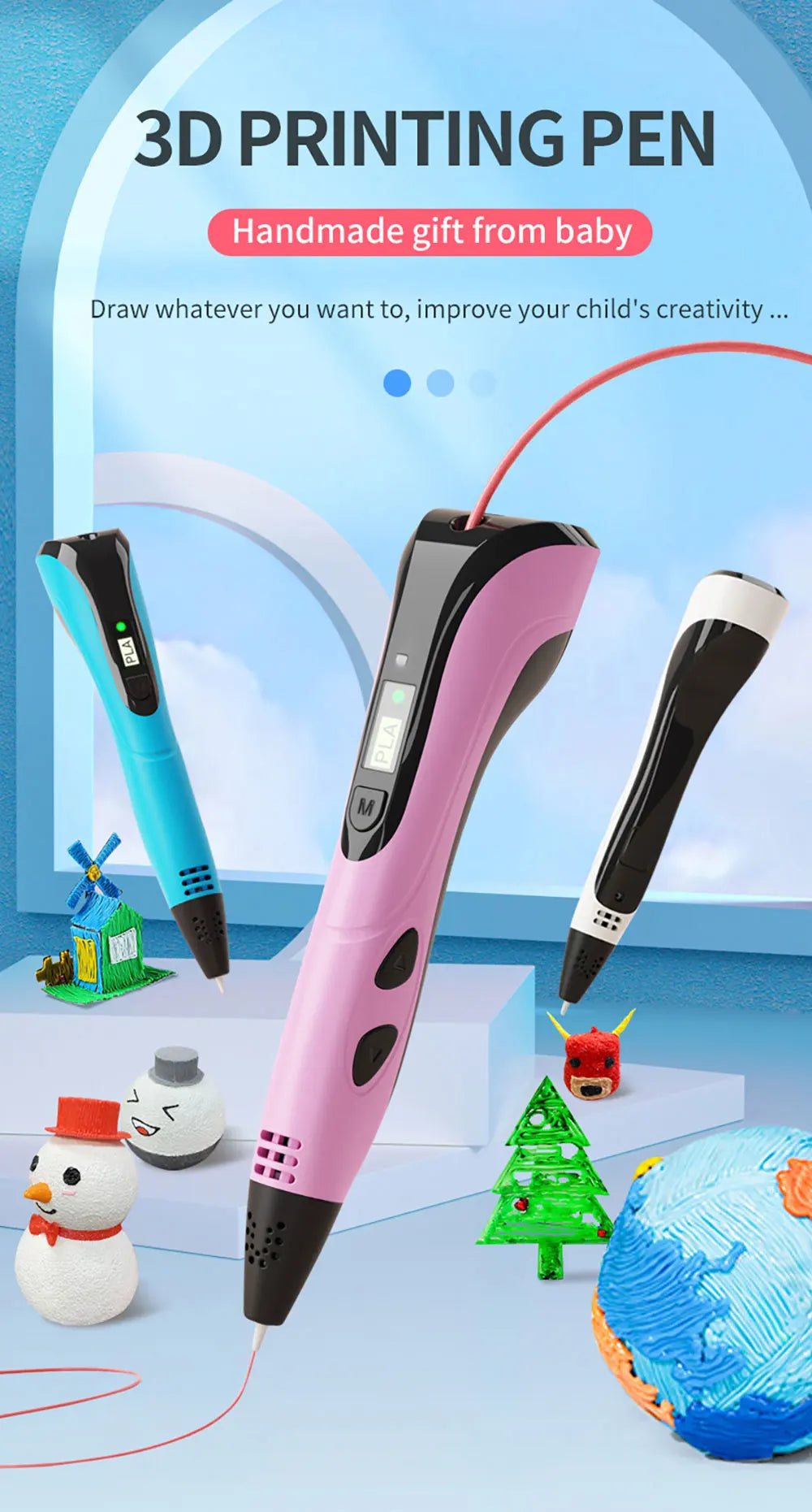 2026 Neue 3D-Druckstift DIY Dreidimensionale Malerei Kinderspielzeug mit LCD-Bildschirm Netzteil 200M PLA-Filament Spielzeug Geschenk