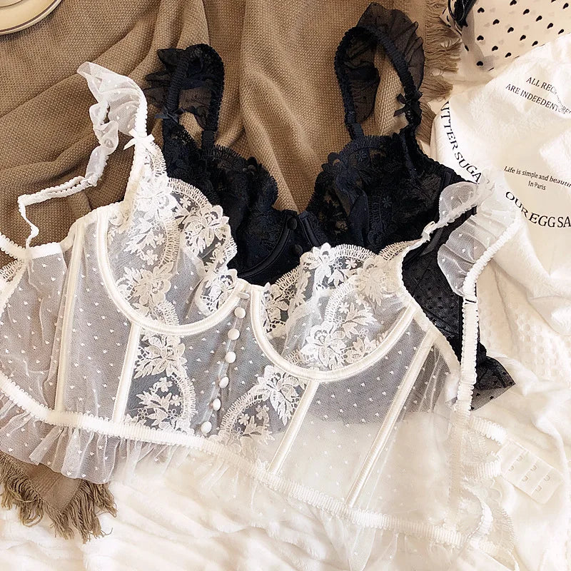 Heißer Verkauf Französisches sexy Dessous-Set für Damen, ultradünner transparenter BH und Höschen-Set, besticktes Spitzen-Form-Camisole-Unterwäsche-Set