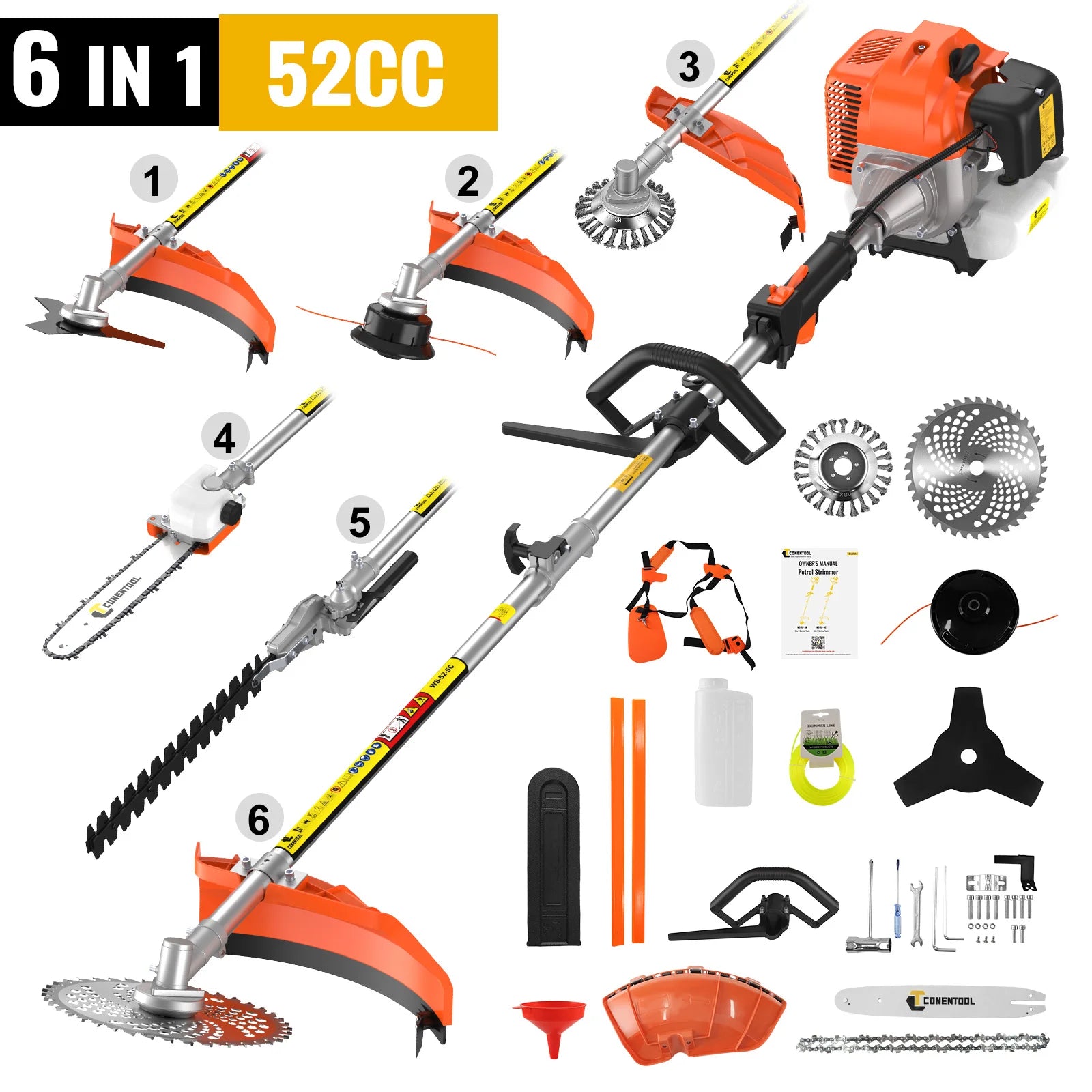CONENTOOL 6in1 Benzin Motorsense 52cc 2-Takt Benzin Rasentrimmer Multifunktionaler Garten Grastrimmer Heckenschere Baumschneidewerkzeug
