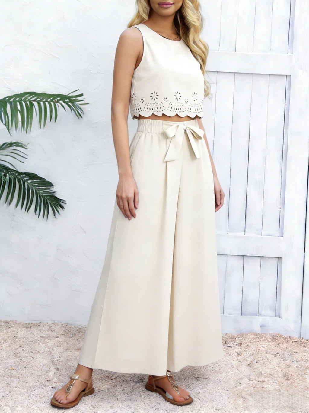 Damen beiges 2-teiliges Set ärmelloses Crop-Top und weite Hose Frühling Sommer Freizeit Pendler Urlaubsoutfit