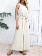 Damen beiges 2-teiliges Set ärmelloses Crop-Top und weite Hose Frühling Sommer Freizeit Pendler Urlaubsoutfit