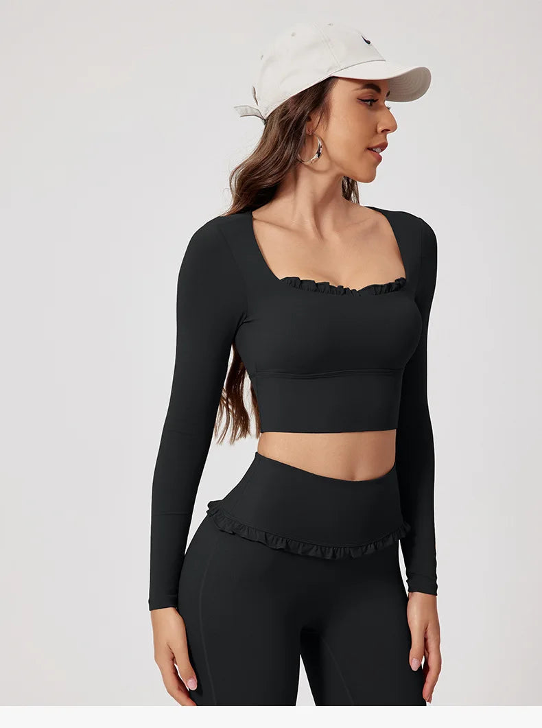 Neues Sommer 2-teiliges Damen-Fitnessstudio Yoga Damen-Outfit Outdoor Sport Schnelltrocknendes Langarmshirt-Set Damen Zweiteiler Sportbekleidung