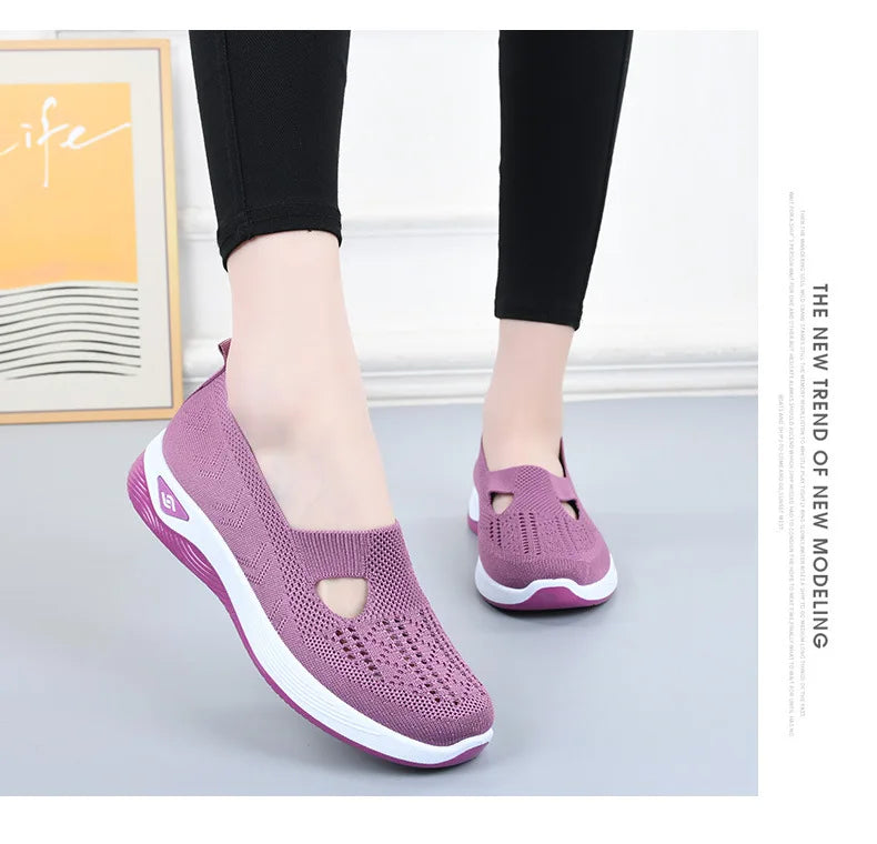 Damen Neue Sommerschuhe Mesh Atmungsaktive Sneaker Leichte Slip-on Plateau Freizeitschuhe Damen Rutschfeste Gehschuhe Gewebte Schuhe