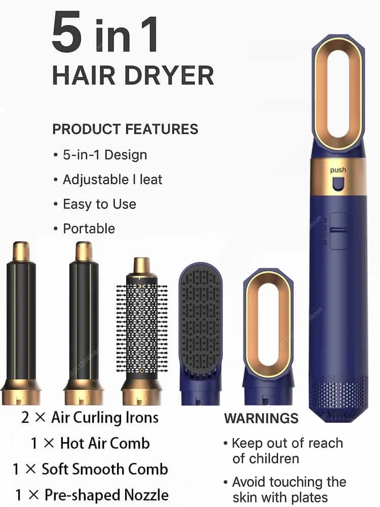 5-in-1-Haartrockner- und Heißluftkammbürste mit Lockenstab und Haarglätter zum schnellen Trocknen, Locken, Glätten und Stylen