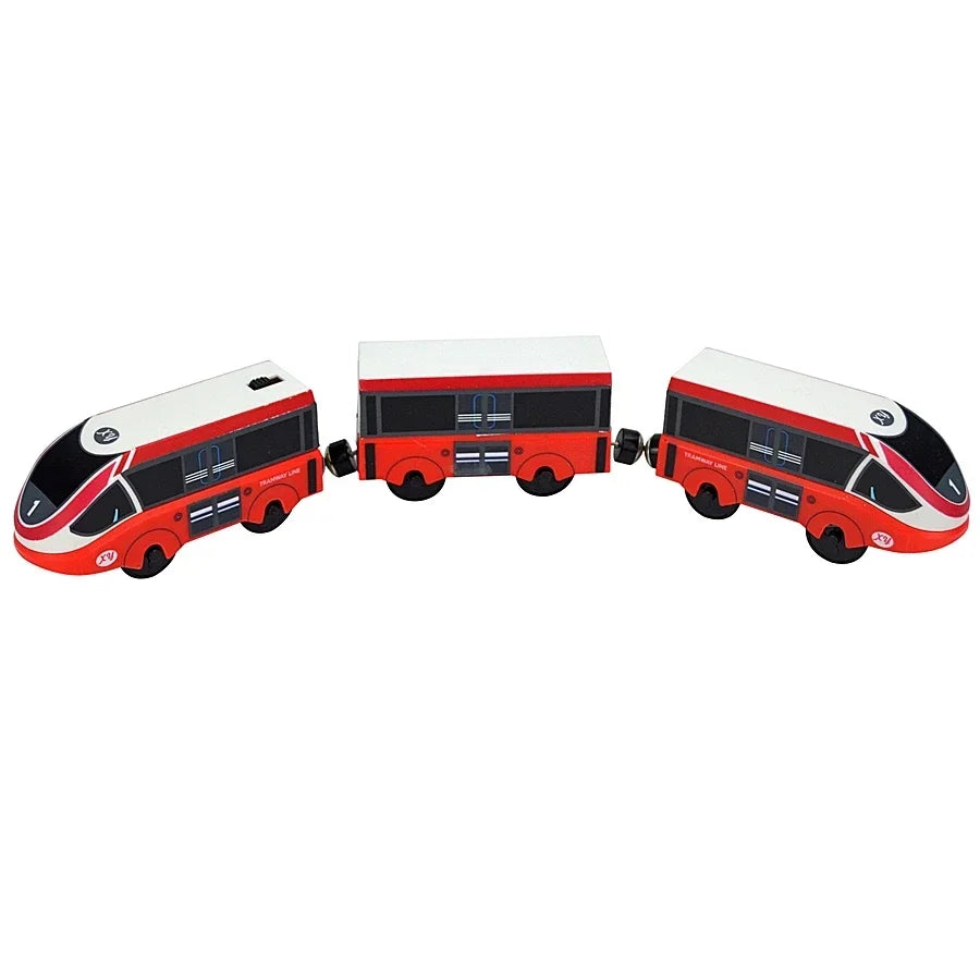 Magnetischer elektrischer Zug Lokomotive Holzeisenbahn Schlitz Diecast Eisenbahn mit zwei Waggons Zug Holz Kinderspielzeug Biro Leduo Strecke