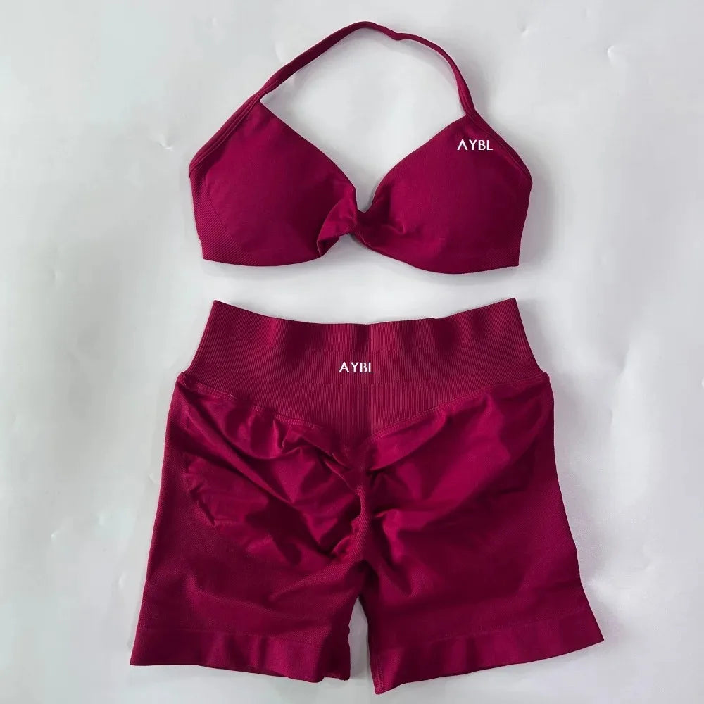 AYBL 2-teiliges Yoga-Set Gym-Set Damen Träger-Yoga-BH Top Hohe Taille Workout Scrunch Shorts Sportanzug Nahtloses Yoga-Set Fitness