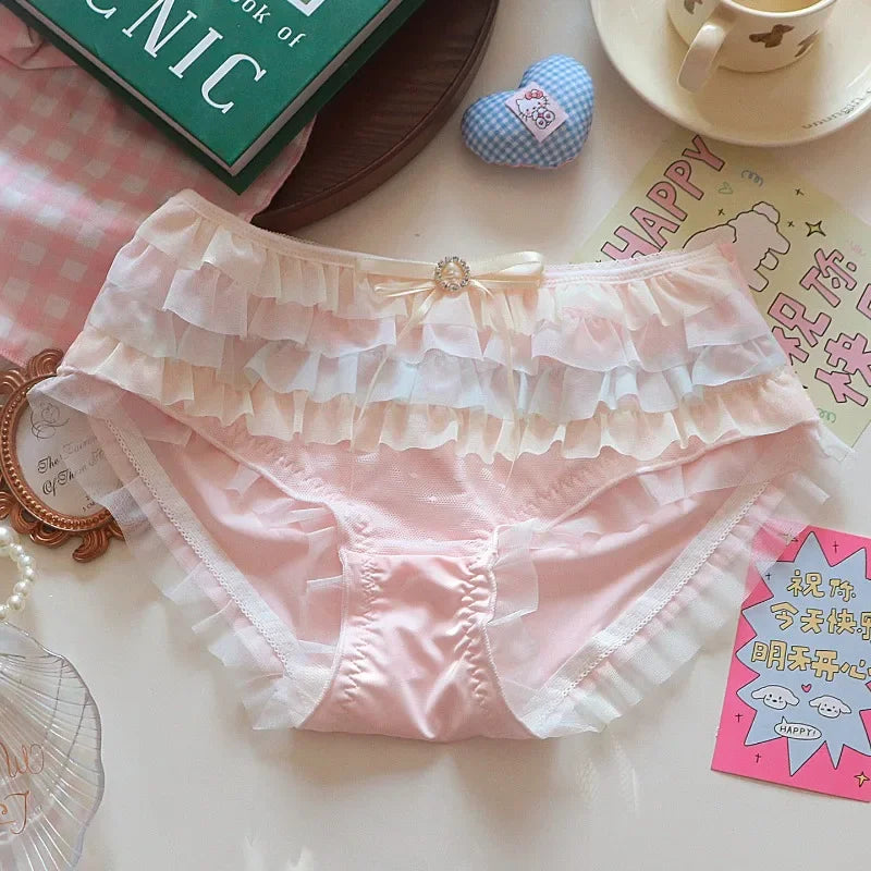 Japanischer Lolita-Stil Prinzessinnen-Dessous-Set Damen Pure Desire Kuchenschicht Spitze Mesh Baumwolle Schritt Party BH und Höschen Set Niedlich
