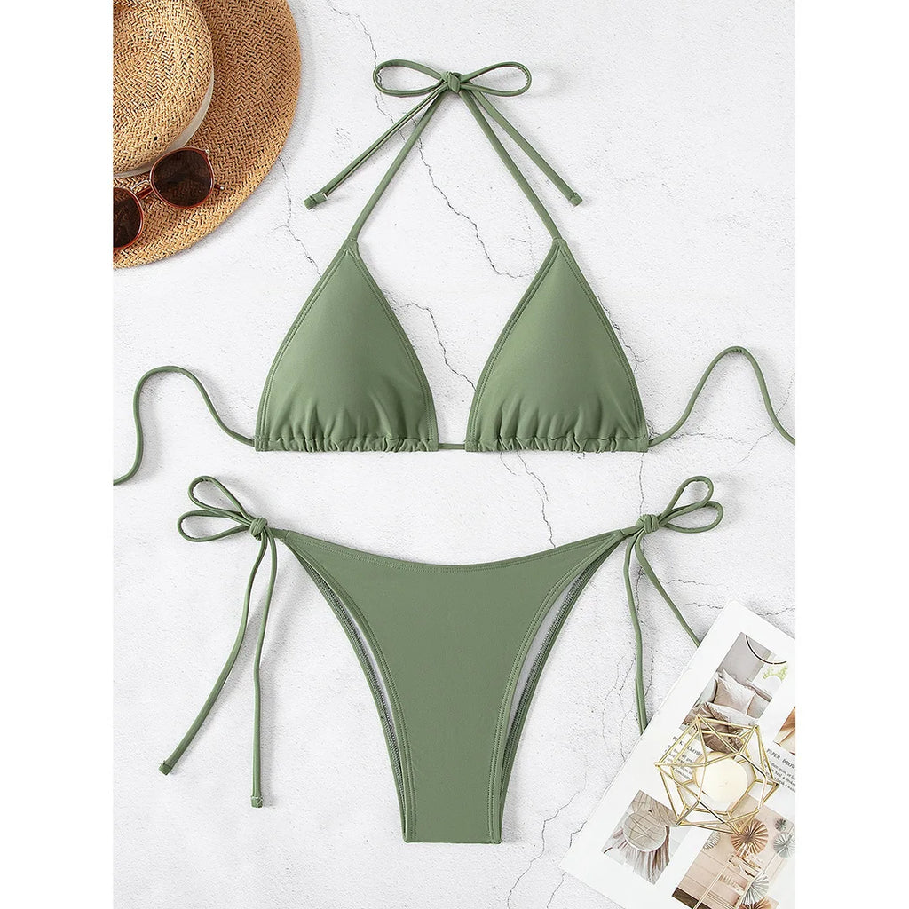 7 Farben Neckholder Brasilianischer Bikini Damen Bademode Weiblicher Badeanzug Zweiteiliges Bikini-Set Gepolsterter Badeanzug Damen V3536