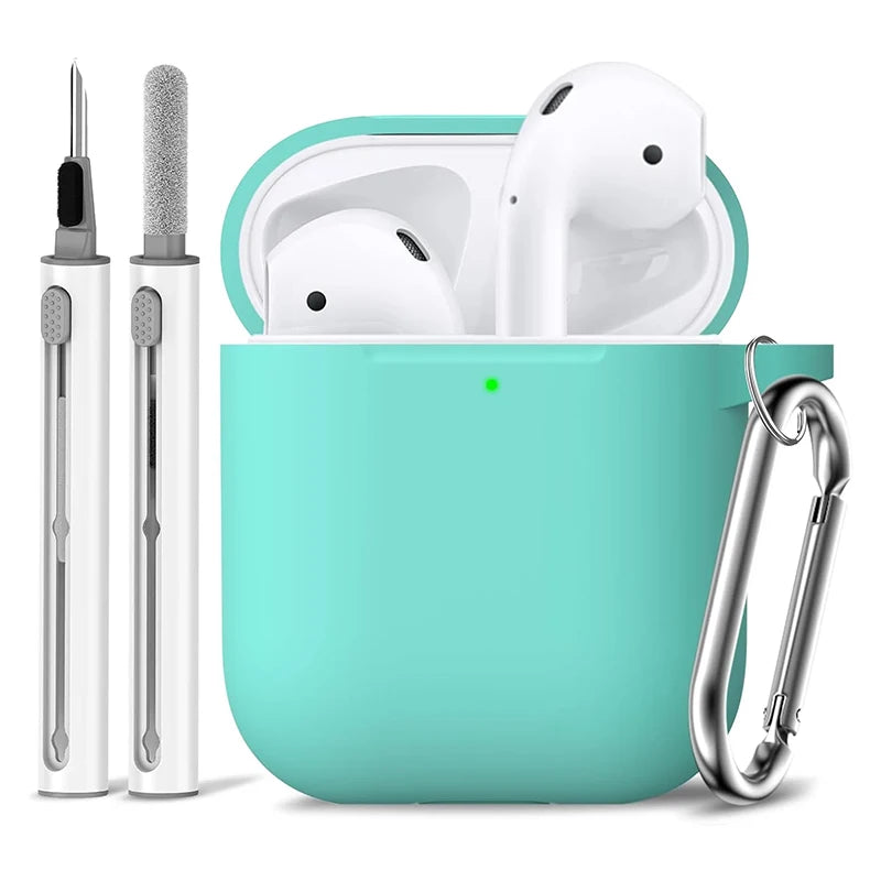 Silicone Cases With Hook For Airpods1/2 Protective Shockproof Wireless Earphone Cover For Airpod 2 1 Box Bags With Cleaner Kit
