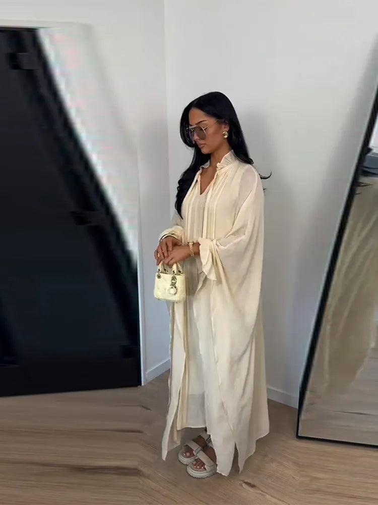 Maxikleid Damenkleider Fledermausärmel Beige Rüschen Bindekragen Plissiert Oversized Damenbekleidung Freizeitkleidung Sommer-Outfit