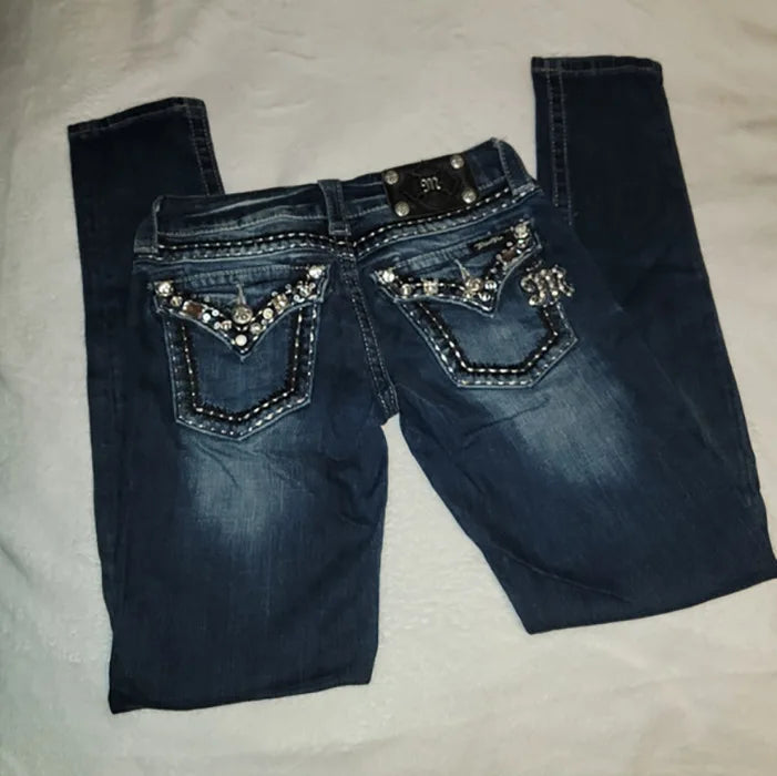 Low Waist Diamond Stickerei Slim Fit Harajuku Style Denim Jeans Trendige Streetwear für Hot Girls Cross-Border Mode