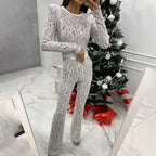 Elegante Damen-Büro-Hose, gerader Schnitt, sexy Overall mit O-Ausschnitt, Spitze, figurbetont, Club-Jumpsuit, Herbst, lässig, langärmelig, hohe Taille, Romper