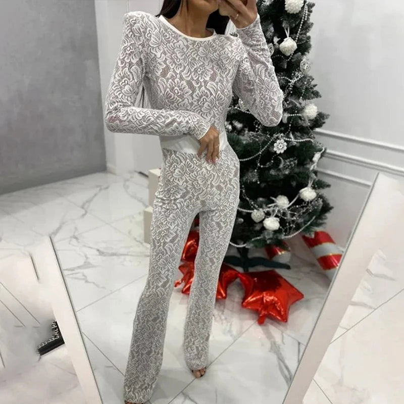 Elegante Damen-Büro-Hose, gerader Schnitt, sexy Overall mit O-Ausschnitt, Spitze, figurbetont, Club-Jumpsuit, Herbst, lässig, langärmelig, hohe Taille, Romper