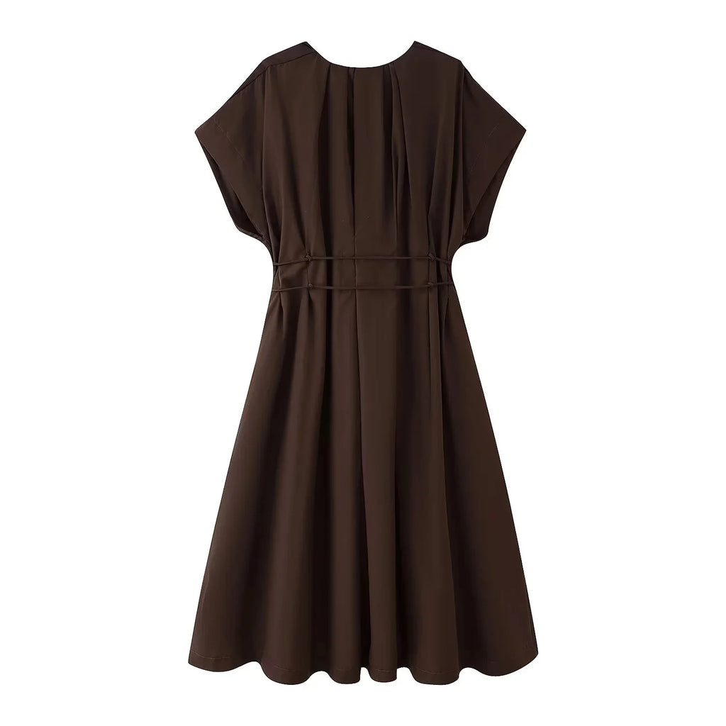 KONDALA 2026 Frühling Sommer Vintage Damenkleid Mode Einreihig Schärpen Drapierter V-Ausschnitt Ärmellos Schicke Braune Damenkleider
