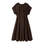 KONDALA 2026 Frühling Sommer Vintage Damenkleid Mode Einreihig Schärpen Drapierter V-Ausschnitt Ärmellos Schicke Braune Damenkleider