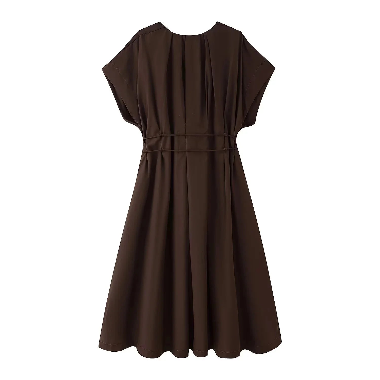 KONDALA 2026 Frühling Sommer Vintage Damenkleid Mode Einreihig Schärpen Drapierter V-Ausschnitt Ärmellos Schicke Braune Damenkleider