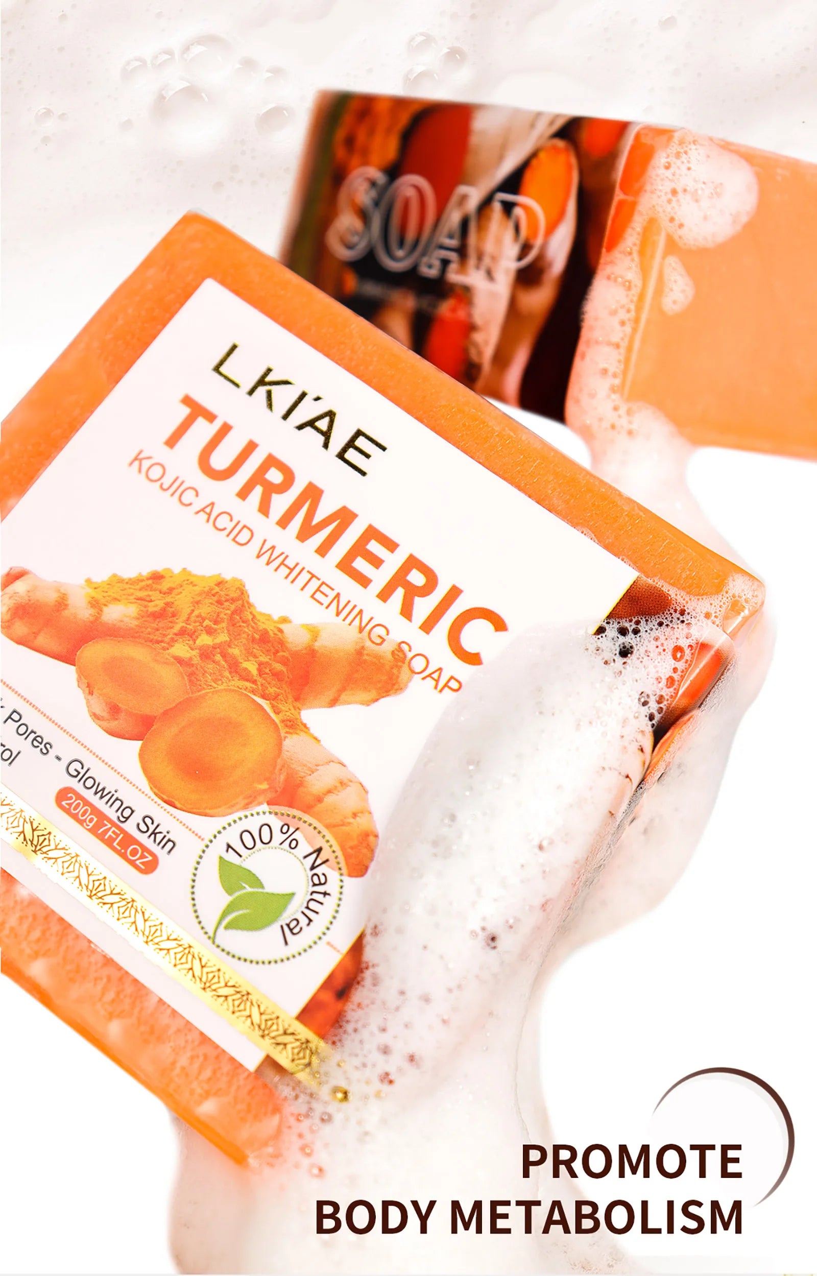 LKIAE Bio-Kurkuma-Seife, natürliche Kräuter-Handgemachte Aufhellungsseife, entfernt Melanin, Akne, Flecken, für Gesicht und Körper, 200g