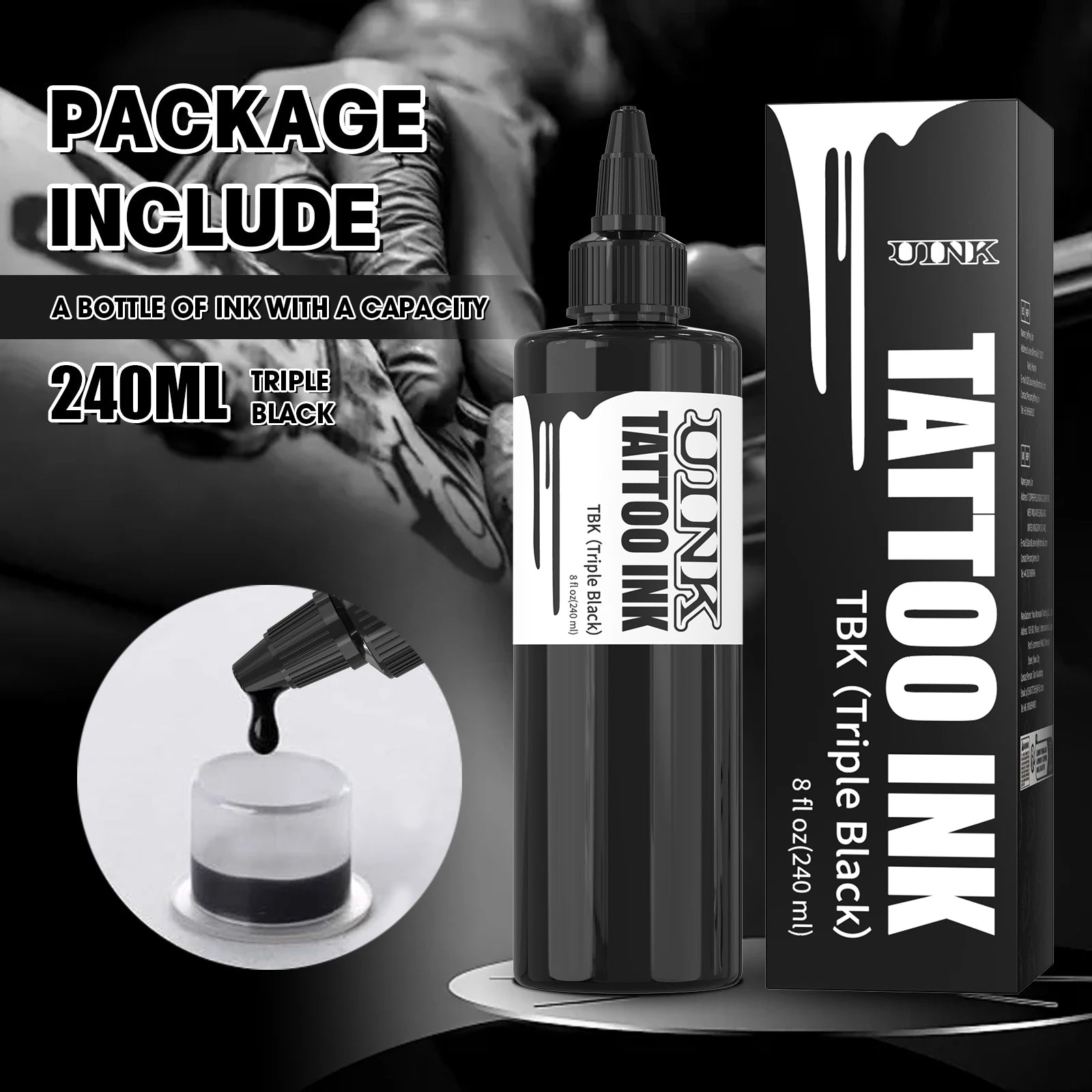 DQFART 240 ml Triple Black/White Professionelle Tattoo-Farbe für permanente semi-permanente Haut-Körperpigmentierung Tattoo-Zubehör Hauptbild