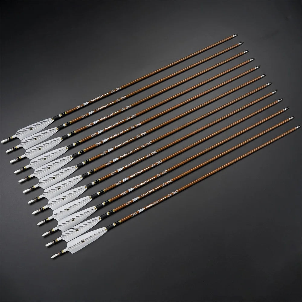 6/12/24pcs 32Inch Archery 100%Pure Carbon Arrows ID 6.2mm Wooden Shaft with 5'' Natural Feathers for Hunting Shooting