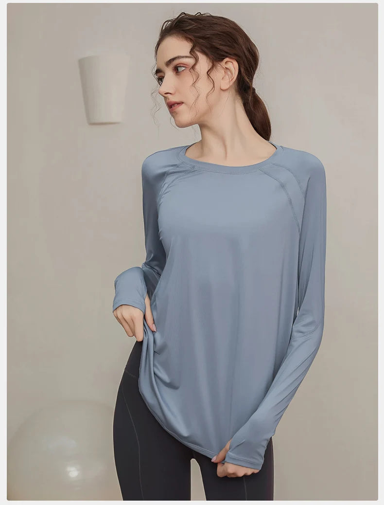 Lockere, schnell trocknende Sportoberteile, Damen-Langarmshirts, Yogabekleidung, atmungsaktive Lauf- und Fitnessbekleidung, figurformend