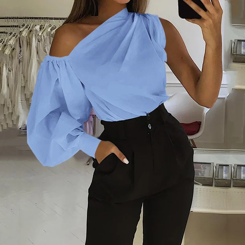 Sexy schulterfreie Damenhemden Sommer Laternenärmel Bluse Casual Loose Solid Tops Lady Elegante Blusen Femme Streetwear Hemd